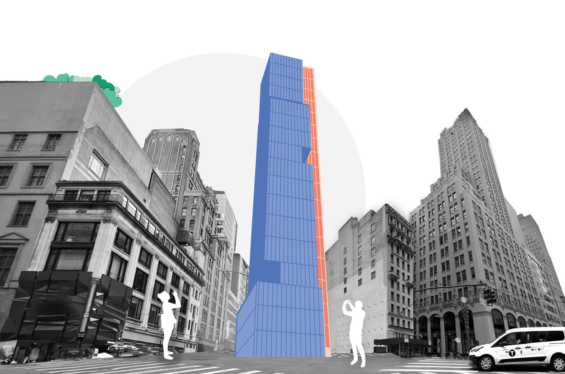 Photo montage of city buildings in black-and-white, with a blue and red mockup building overlaid representing the virtual image that can be seen using AR technology, Outlines of two people using their phones to see the AR image appear at the building base.