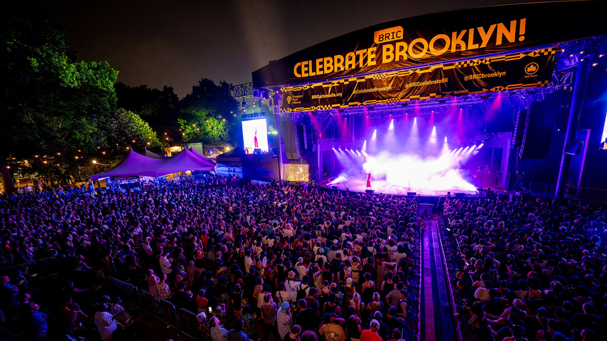 An overhead photo of a crowd attending a nighttime outdoor concert, with a large sign reading "Celebrate Brooklyn" on the stage and a single performer on stage in a red dress.